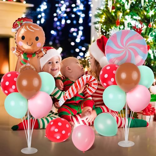 Image of 6 Sets Christmas Gingerbread Balloon Stand Kit for Table with Gingerbread Man Candy Cane Foil Balloon Centerpiece for Christmas Theme Xmas Birthday Holiday New Year Party Table Decorations