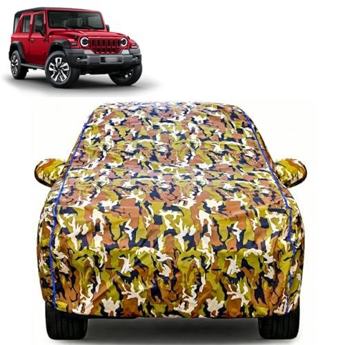 Image of Waterproof Car Body Cover for Mahindra Thar Roxx with Mirror Pocket| Cotton Inner Lining | Triple Stitched | All Weather Protection | Dust, UV & Rain Proof (Camouflage with Blue Piping)