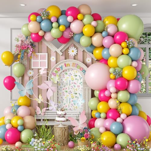 Image of Spring Balloons Garland Arch Kit, 122Pcs Flower Pink Green Yellow Balloons, Purple Blue Hot Pink Beige Balloons For Boho Modern Wildflower Shower Baby In Bloom Birthday Spring Garden Party Decorations