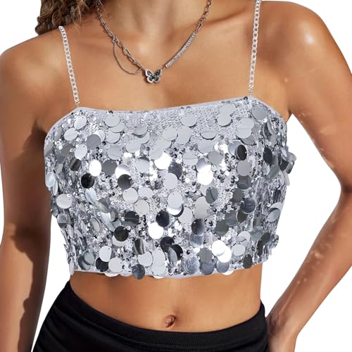 Bseical Women's Glitter Tops, Sequin Top, Glitter Tank Top, Carnival Costume, Women's Sexy New Year's Eve Crop Tops, Sequin Camisole, Glitter Outfit, Elegant, silver, XL Bseical Women's Glitter Tops, Sequin Top, Glitter Tank Top, Carnival Costume, Women's Sexy New Year's Eve Crop Tops, Sequin Camisole, Glitter Outfit, Elegant, silver, XL