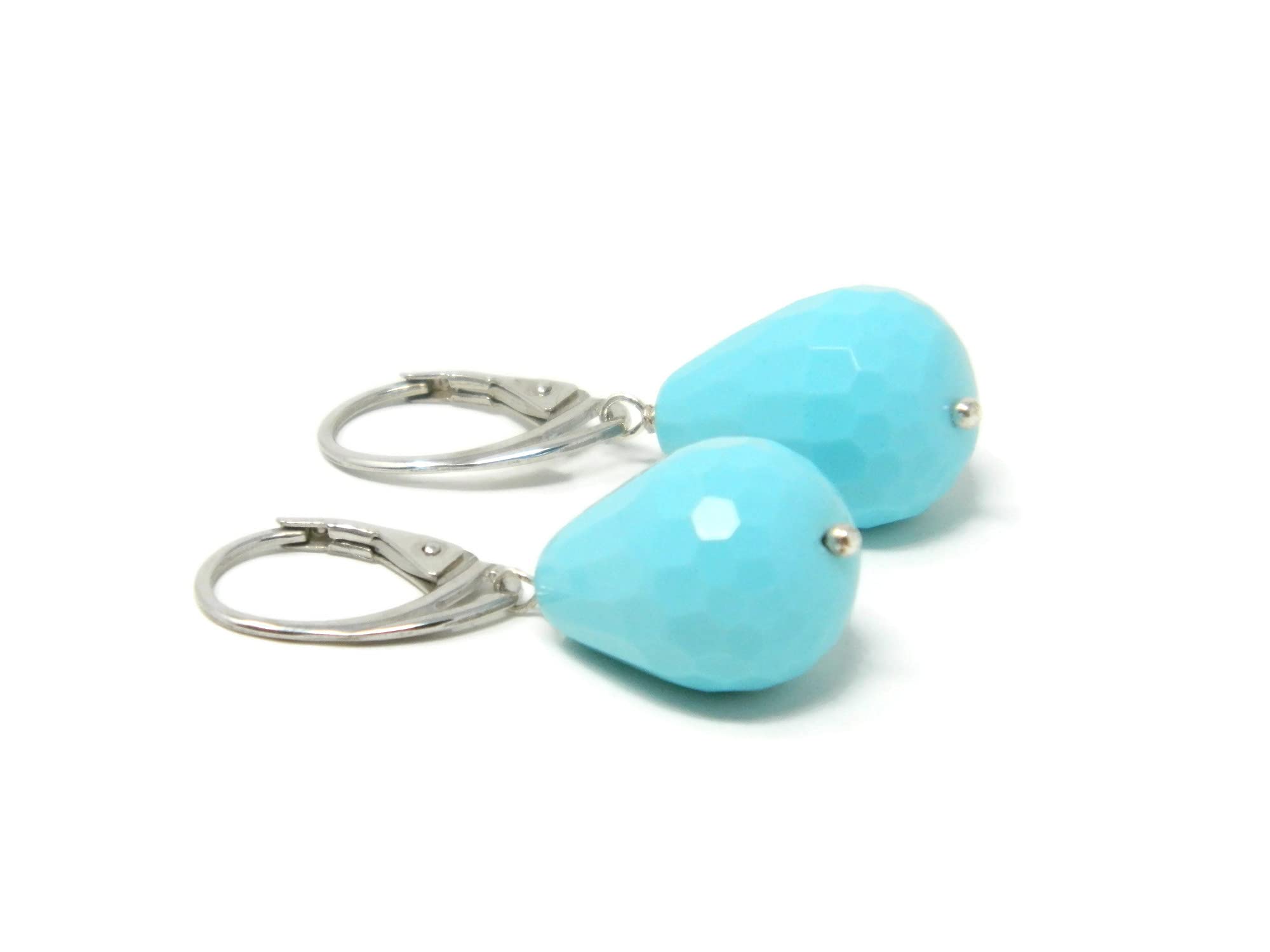 Orecchini Pendenti Donna in Pasta di Turchese - Gocce Sfaccettate 14x17 mm – Argento 925 Rodiato, Made in Italy, Nickel-Free - DodiGioielli