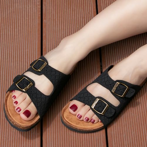 Image of Women's Comfy Arch Support Cork Footbed Adjustable Knitting Straps Indoor and Outdoor Slides Sandals