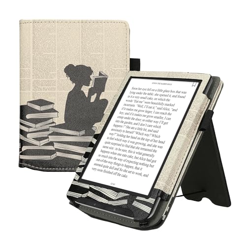 Miniatura 8 de Kwmobile Carcasa Compatible Con Pocketbook Verse Verse Pro Verse Color Vivlio Light Light Hd - Funda Con Agarre Elástico Y Soporte - Chica Lectora Negro Beige