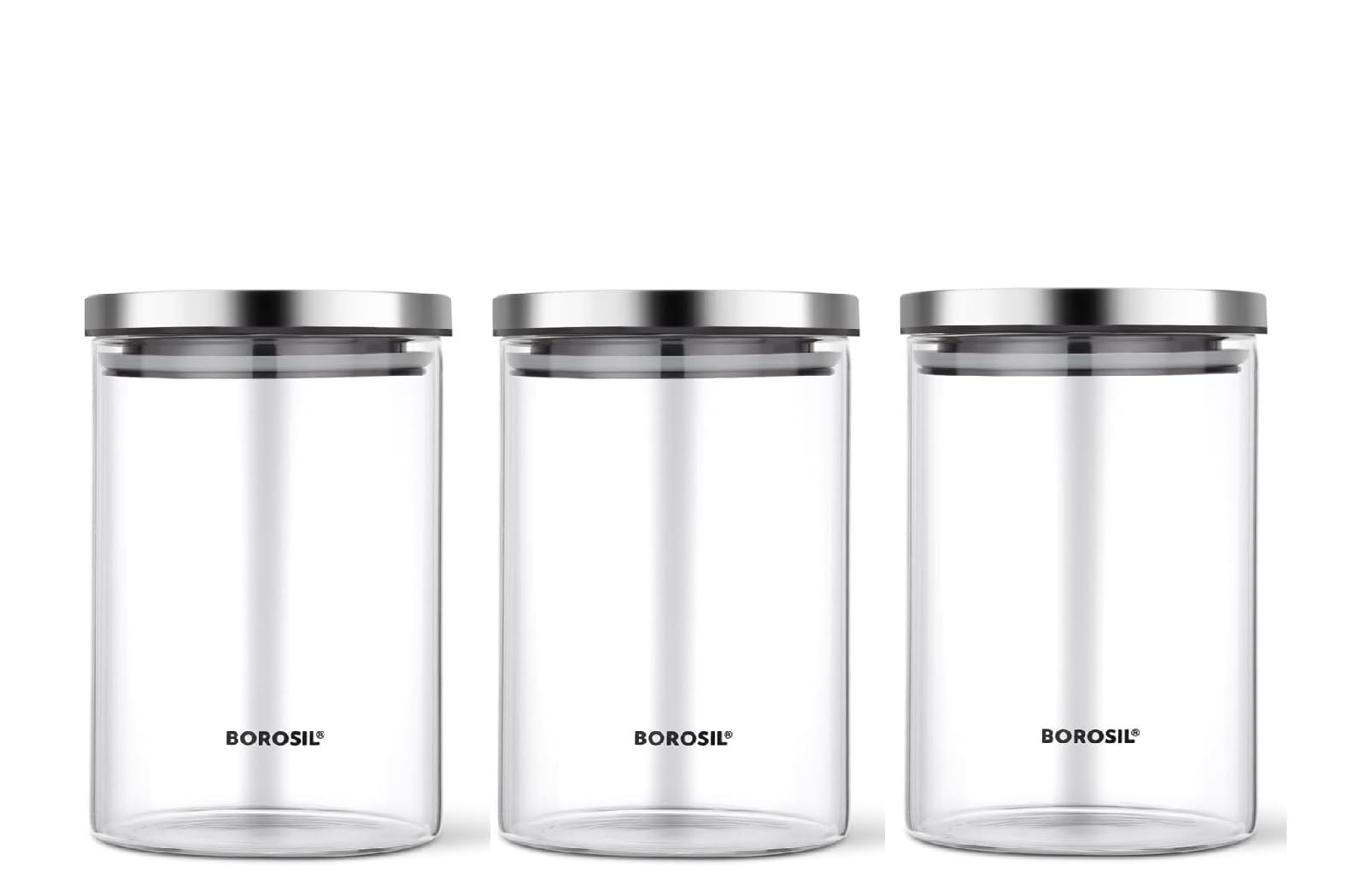 Nobel Clear Borosil Borosilicate Glass Storage Jars, Set Of 3, Airtight Kitchen Canisters With Stainless Steel Lids, Microwave Safe, Dishwasher Safe (900Ml Pack Of 3Pcs.)