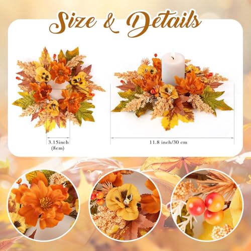 Image of 6 Pcs Fall Floral Candle Rings Wreath Mini Autumn Swags Wreaths with Berries Table Centerpiece Harvest Fall Hanging Wreath for Kitchen Cabinet Pillar Farmhouse Table Front Door Indoor Decorations
