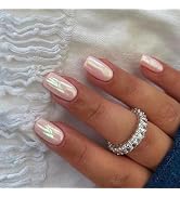 Medium Press On Nails Square Light Pink Fake Nails Holographic False Nails Acrylic Glossy Stick o...