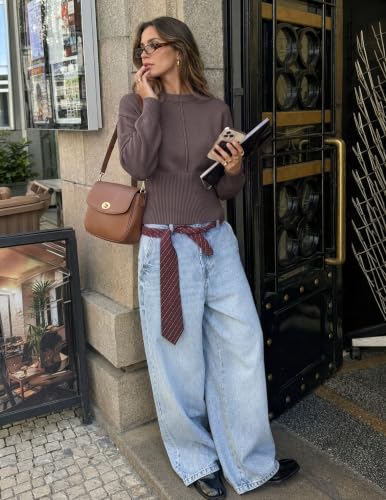 Image of ZESICA Women's Fall Sweaters Crewneck Cinched Waist Pullover Tops