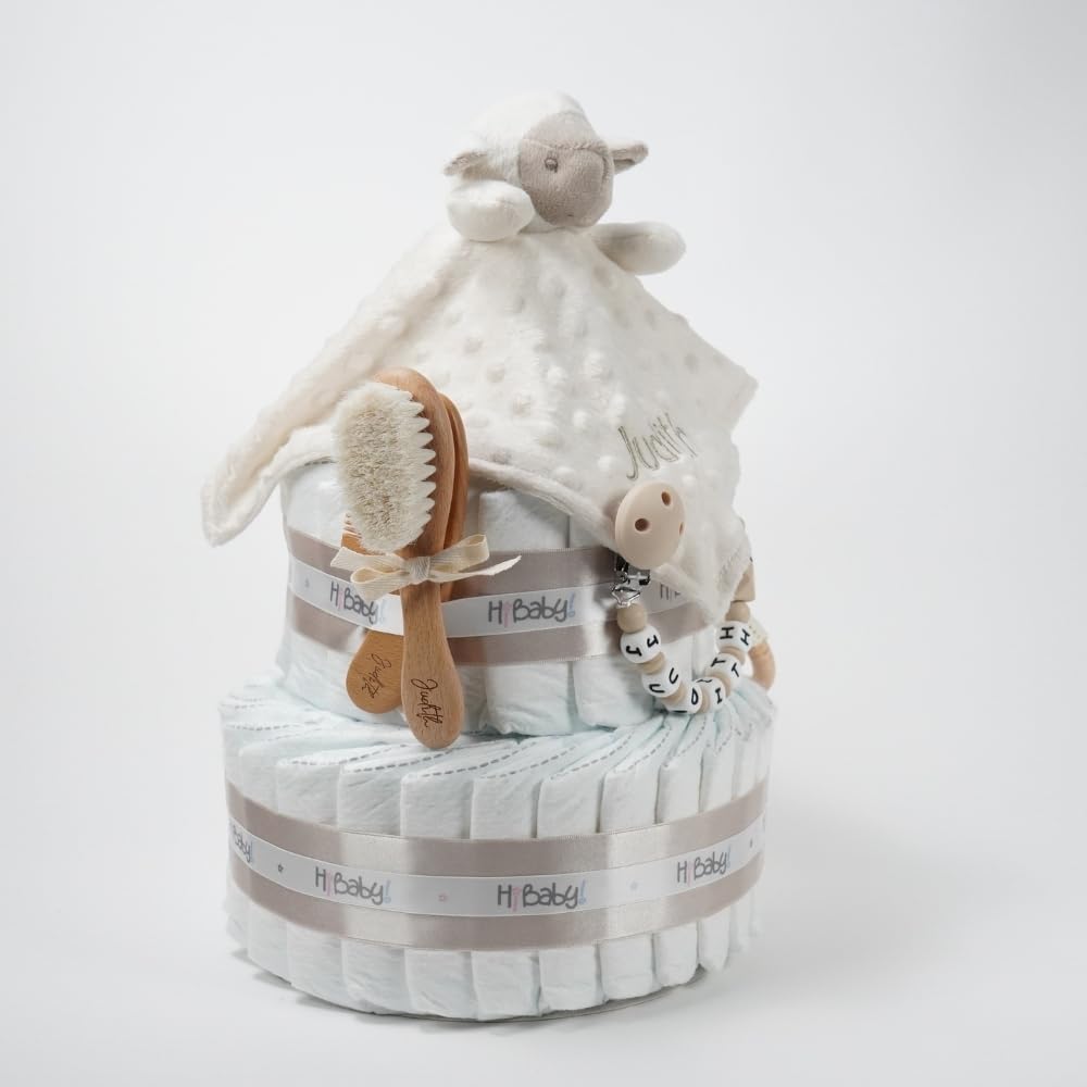 Tarta de pañales personalizada para bebé Baby Rattle, Regalo Original para Baby Shower, Recién Nacido, Bautizo, Pañales dodot Sensitive, Pastel de pañales (Beige)