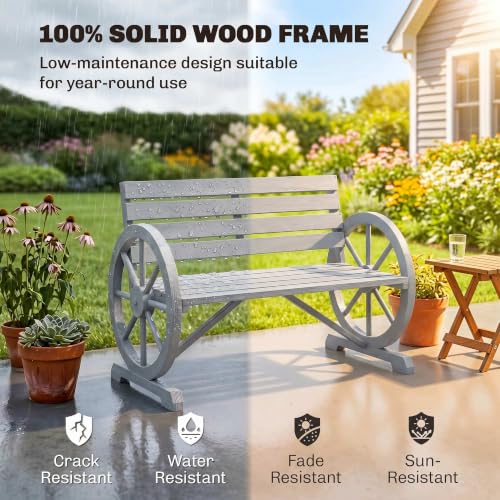 Image of Outsunny 41 inch Wooden Outdoor Bench Rustic Wagon Wheel Light Gray