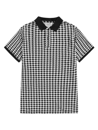 Verdusa Men's Houndstooth Print Golf Shirt Collar Button Front Business Shirt Top