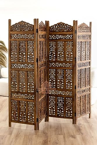 Image of Home & Goods International Wooden Room Divider Partition - Foldable Wood Screen Separator for Living Room, Bedroom, Office, Restaurant || Kangra Badrun, Brown - 4 Panel