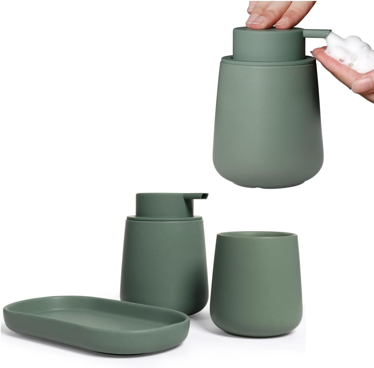 INGOFIN Ceramic Foaming Set, Bathroom Accessory, Foam Soap Dispenser, Toothbrush Holder & Tray,for Home, Guest Bathroom, or Office Use, Matte Green