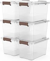 WYT 6-Pack Clear 7 Quart Stackable Storage Bins with Latching Lids & Brown Handles - Space-Saving Plastic Organizers