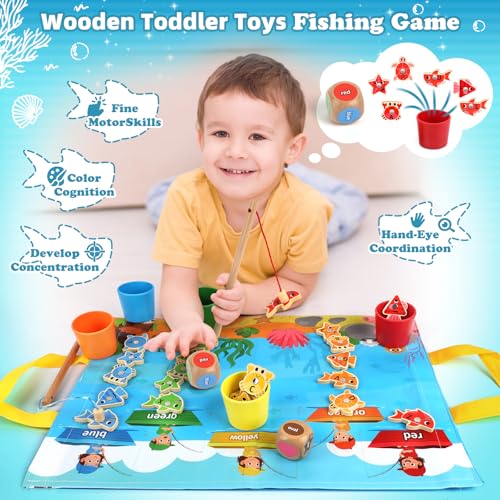 Image of Wooden Toddler Toys Fishing Game: Montessori Sensory Toys for 1 2 3 Year Old Boys Girls - Birthday Baby Gifts for 1 2 3 Year Olds - Color Sorting Shape Learning for Kids