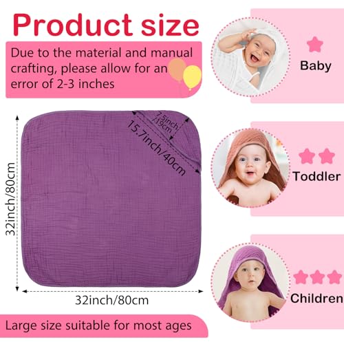 Image of Peryiter 6 Pcs Muslin Hooded Baby Towels, 32 inchx 32 inch Cotton Newborn Bath Towel Muslin Infant Baby Blankets Absorbent Unisex Newborn Registry Gift Essentials for Girls Boys (Purple)
