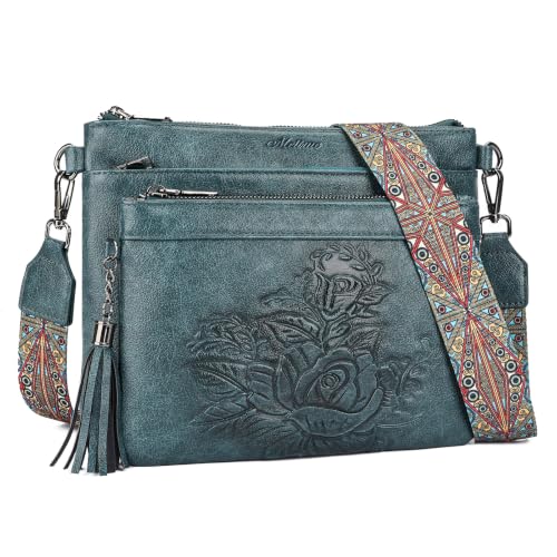 MEITRUE Crossbody Bags for Women,Vegan Leather Cross Body Purse Multi Pocket Embossed Shoulder Handbags with Adjustable Strap Peacock Blue