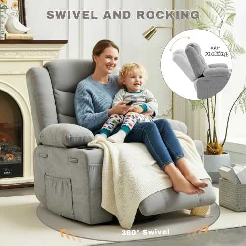 Image of Swivel Rocker Recliner Chair, Manual Recliner Single Sofa with Cup Holders and Side Pocket, Chenille Fabric, Upholstered Nursery Rocking Chair for Living Room, Bedroom, Grey