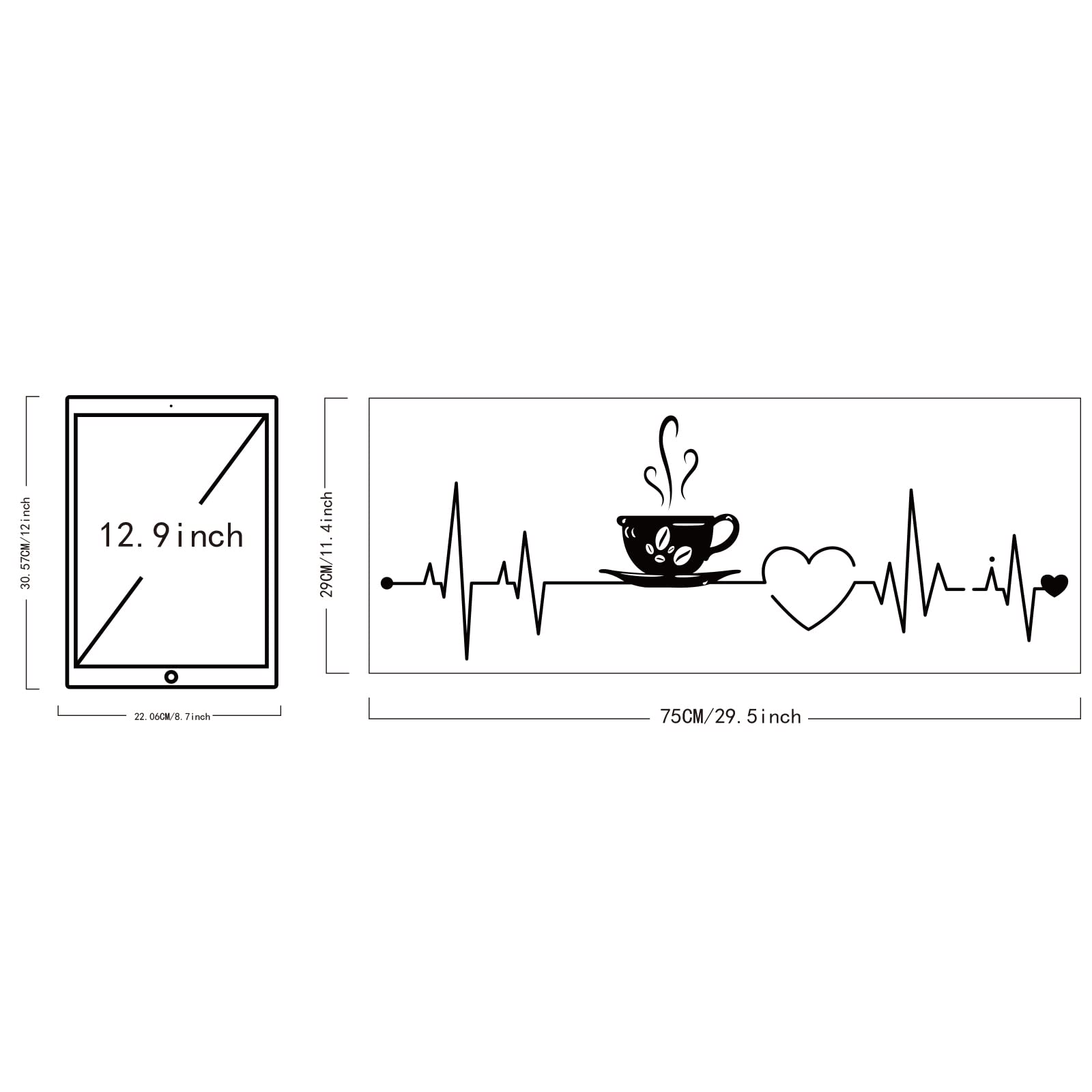 SUPERDANT Coffee Cup Wall Stickers Vinyl Coffee Cup Electrocardiogram Wall Art Decals Cute Coffee Wall Sticker for Kitchen Coffee Bar Cafe Wall Decoration 29x75 cm - Image 4