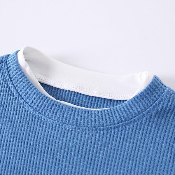 JOLYSHID 3 PC Boy's Waffle Long Sleeve Crewneck Pullover Tops Color Block Trim Fake Two-Piece Casual Blouse 3-12Y - Image 3