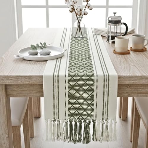 Image of Curated Cart Boho Table Runner 13x70 Inch with Tassels - Cotton Table Runner for 6 Seater Dining Table, Centre Table Runner for Living Room, Farmhouse Dining Table Decor (Green)
