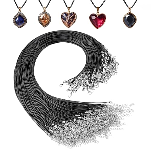 Kurtzy Cordon para Colgante Cuello - 120x Cordón Colgante Negro de Poliéster de 50 cm - con Cadena y Cierre de Mosquetón - Cuerda para Hacer para Collares Pulseras y Tobilleras