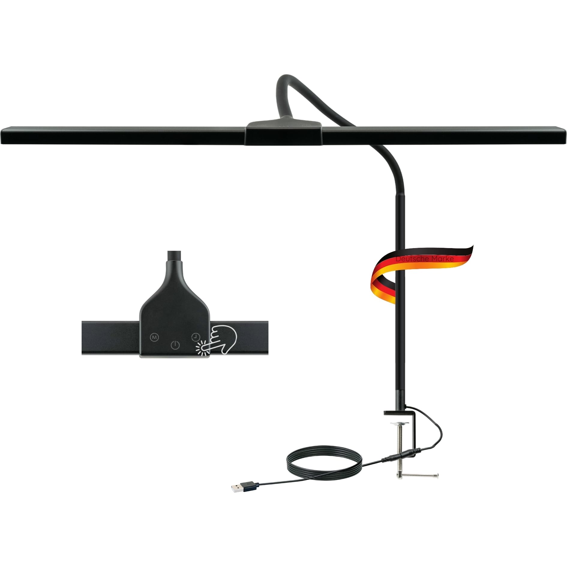 SCHWAIGER 658156 - Lampada da scrivania a LED, lampada da ufficio, con sensore touch a collo di cigno, porta USB, clip a vite