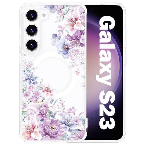 Tcaraersing for Samsung Galaxy S23 Flower Magnetic Case Compatible with MagSafe Cute Floral Pattern Clear Shockproof PC Back Soft TPU Bumper Slim Cover for Girls Women Galaxy S23 6.1 inch, Hydrangea by Tcaraersing - Used condition - US$5.29