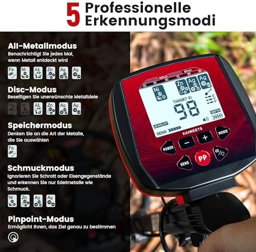 Bild 1 - KAIWEETS Metalldetektor, 2025 Neu Aktualisierter 5 Modi Metallsuchgerät für Erwachsene & Kinder, Pinpointer, IP68 wasserdichte Suchspule, Metalldetektoren Set mit Kopfhörer & Digger Schaufel