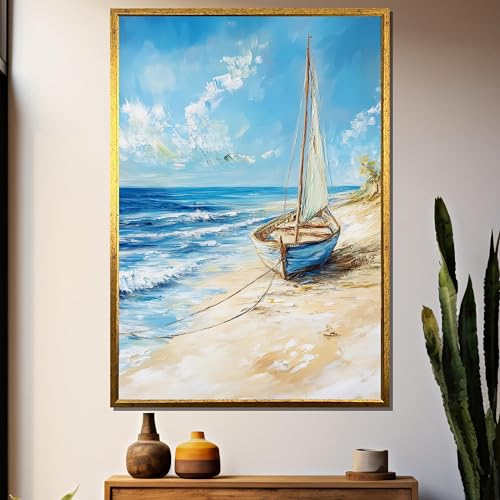 Voilier bleu affiche de décoration bord de mer salon cadre 60x80 cm d'été