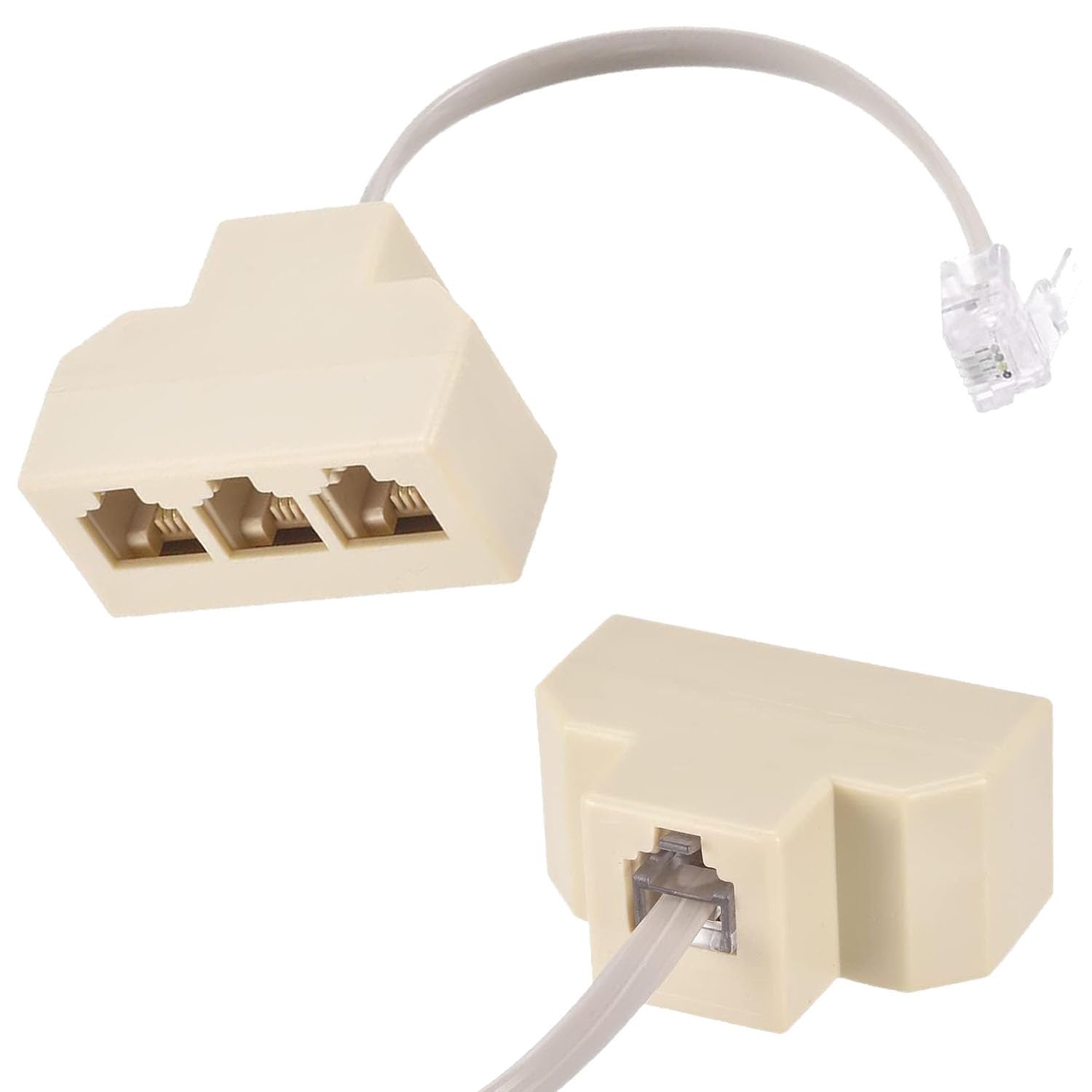 Telefonbuchsen-Splitter 6P4C Stecker auf 3 Buchsen, Beige, Adapter, Telefonleitungsverteiler mit Telefon-Verlängerungskabel, 2 Stück