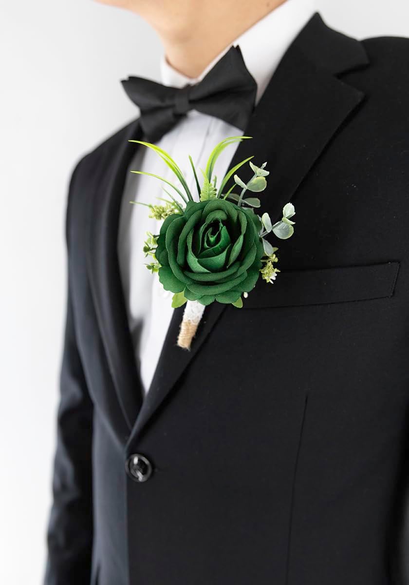 Ansofi Green Set of 6 Boutonniere for Best Men Groom Groomsmen Buttonholes for Wedding Party Prom Decoration
