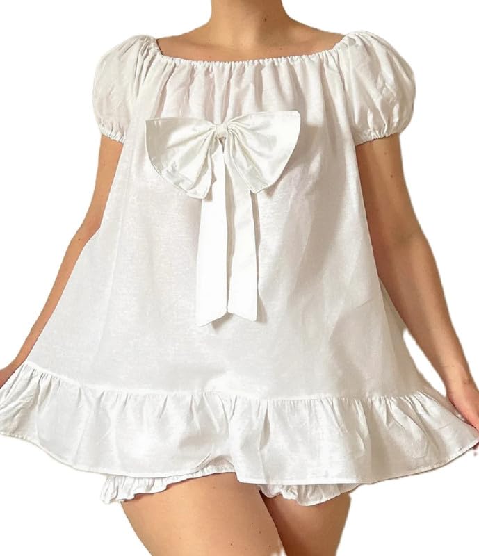 Image of ROAONOCOMO Women Floral Pajama Set Ruffle Puff Sleeve Peplum Shirt Coquette Pj Set Bow Babydoll 2 Piece Shorts Outfit