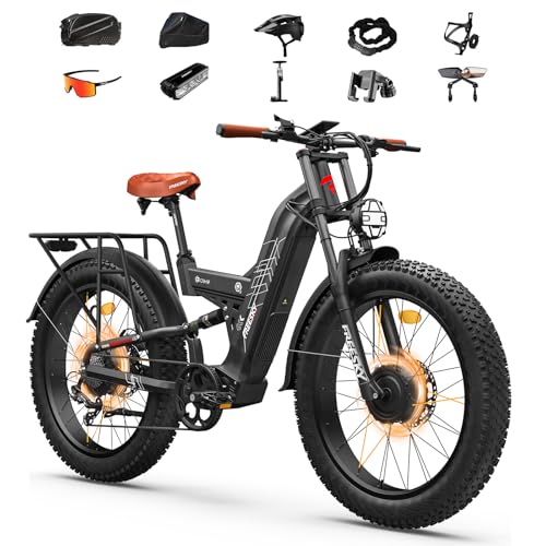 FREESKY Warrior Pro 4000W Dual Motor Electric Bike for Adults, 48V 30AH Removable Battery 120Miles Range, 40+MPH AWD 26' Fat Tire Full Suspension Off-Road Electric Mountain Bike