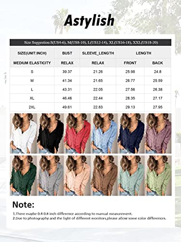 Astylish Womens Soft Cuffed Sleeve Pompom Collar Shirts Long Plus Size Button Down Blouse Tops Khaki Small #TOP4