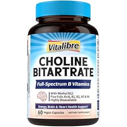 Vitalibre Choline Bitartrate 300mg Supplements, with Folate, Methyl B12, Niacinamide, Non-GMO Bioavailable Complex, Energy, Brain, Liver Support, 60 Vegan Caps
