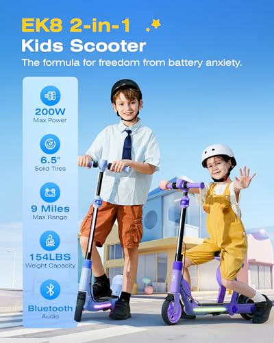 Image of ECOROAD 2-in-1 Kids Electric Scooter EK8,200W Motor & 9 Miles Range,Up to 10 MPH,Dual Brake System,Bluetooth Music & Foldable & Adjustable Height, for Kids Ages 6-12(Black)