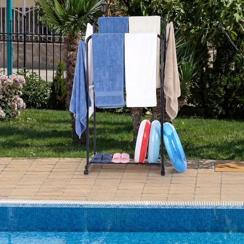 57\" H Pool Towel Rack for Outdoor 2-Tier Free Standing Towel Rack with Wheels Metal Heavy Duty Pool Accessory Storage Drying Towels Swimsuits Life Jackets for Outdoor Spa Bathroom - Thumbnail 4