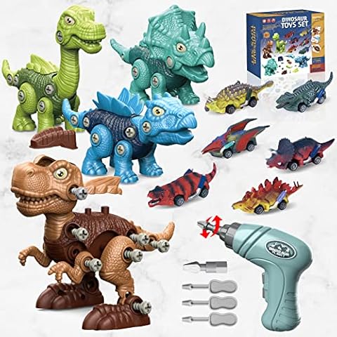 WESPREX 4 Take Apart Dinosaur Toys and 6 Pull Back Dinosaur Cars for Kids, STEM Construction Building Dinosaur Toy Set with Electric Drill, Birthday for Boys Girls Age 3 4 5 6 7 8 Cover