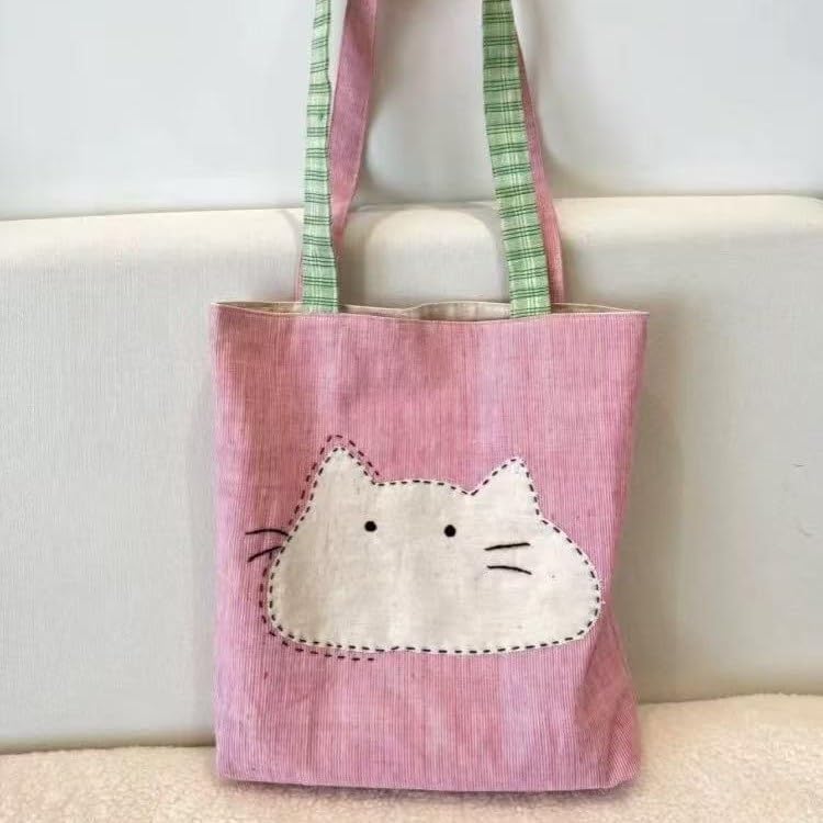 Cute Cartoon Cat Pink Canvas Shoulder Bag for Women - Versatile Single Shoulder Tote4