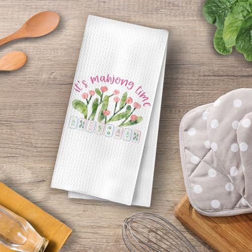 Image of Mahjong Floral Kitchen Towels - Funny Mahjong Floral Gift Decorative Waffle Dish Towels, Hand Towe Gifts for Women, Mah Jong Tea Towe for Kitchen, 16x24 Inch