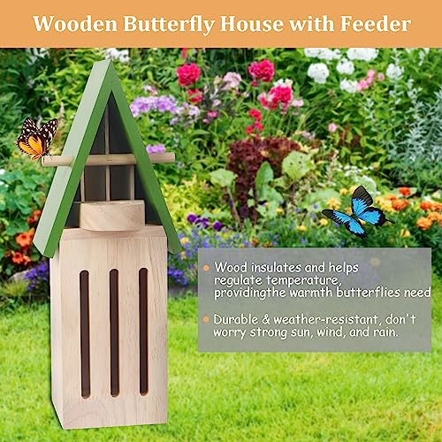 Butterfly House, Wildlife World Butterfly Habitat with Feeder, Wood Butterfly House Kit, Natural Wooden Butterfly House for Gardens