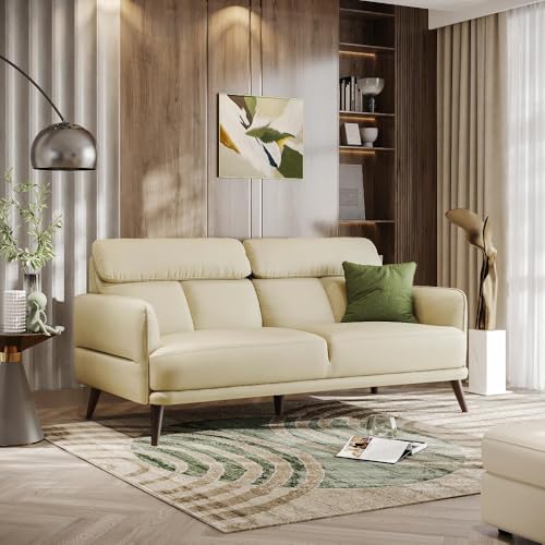 Image of Wakefit 3 Seater Sofa, Beige Leatherette, Neem Wood, Living Room, 5 Year Warranty