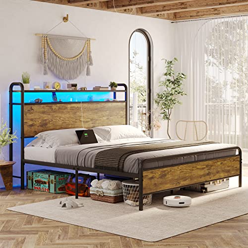 Hasuit Led Queen Bed Frame With 2-Tier Storage Headboard, Industrial Platform Bed Frame With 2 Outlets And 2 Usb Ports, Strong Steel Slats Support Mattress Foundation, No Box Spring Needed #TOP7