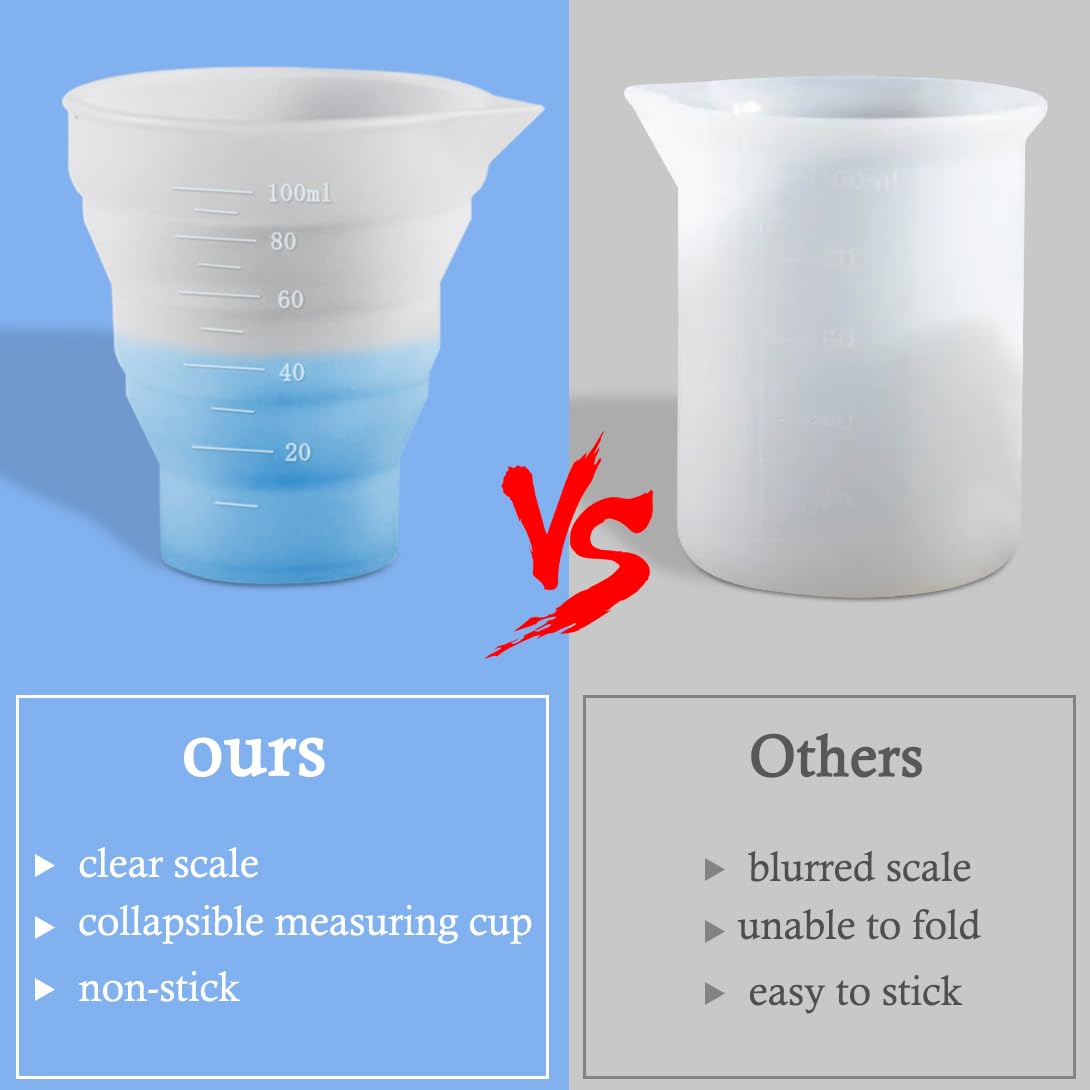 4 Tasses à Mesurer En Silicone Transparent - 50/100/250/500ml - Avec Couvercles - Pour Résine, Cuisine, Labo