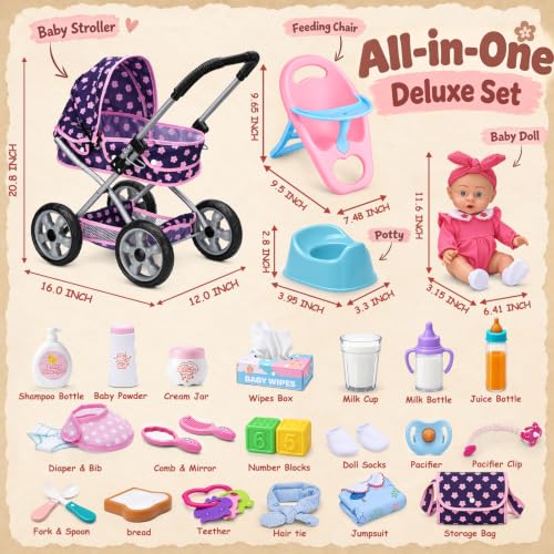 Baby Doll Stroller Set for Girls, 31 PCS Doll Accessories Pretend Play Toys - Image 3