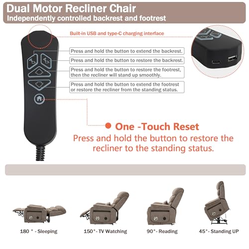 Power Lift Recliner Chair for Adults Elderly Lay Flat Velvet Recliners with Massage Heating, Extended Footrest, Wireless Charging Device, USB Ports, Cup Holder, Lumbar Pillow