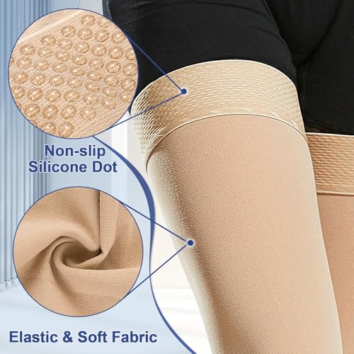 Image of Beister Thigh High Compression Stockings with Silicone Band for Women & Men, 20-30 mmHg Footless Graduated Support Sleeves, Medical Compression Hoses for Varicose Veins, Edema, Flight