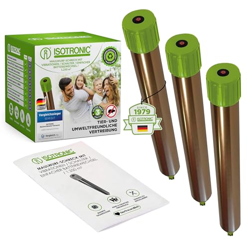 Preisvergleich Produktbild ISOTRONIC Maulwurf Vertreiber batteriebetrieben mit ON / Off - Schalter, Ultraschall Schädlingsbekämpfung gegen Wühlmäuse & Schlangen / 3er -Set