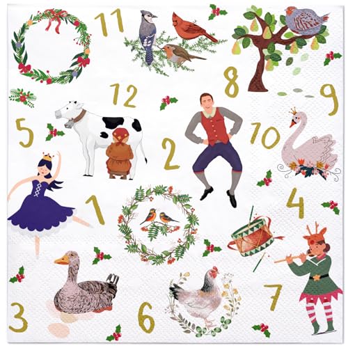 WRAPAHOLIC 50Pcs Christmas Paper Napkins - 3 Ply 12 Days of Christma Disposable Luncheon Napkin for Christmas Party Supplies Tableware, Xmas Holiday - 6. 5 x 6.5 In