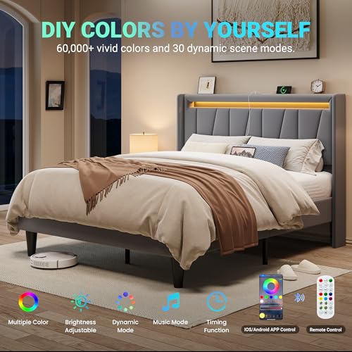 Image of Allewie Queen Size LED Bed Frame with Charging Station, Velvet Upholstered Platform Bed with Geometric Wingback Headboard, Modern Frame with No Box Spring Needed, Easy Assembly, Grey